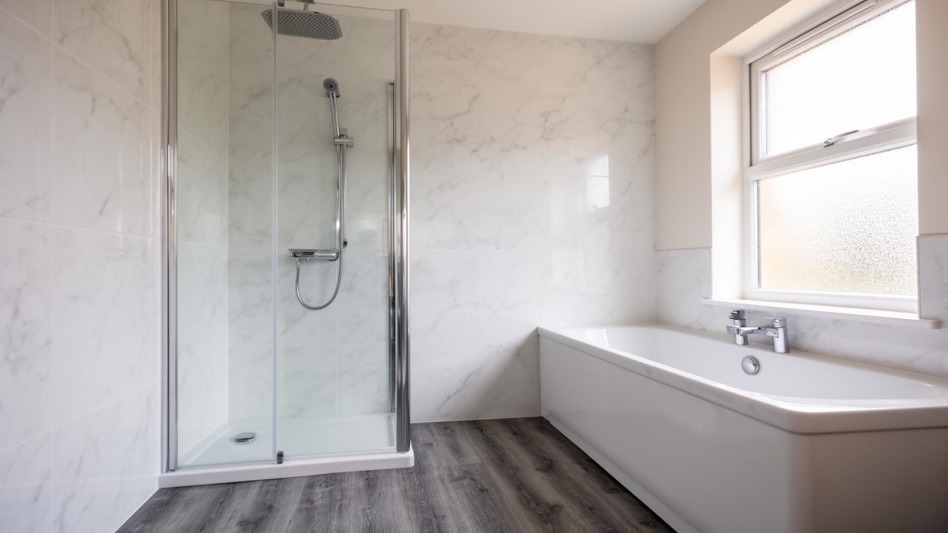 Modern bathroom with white marble-effect wet wall panels